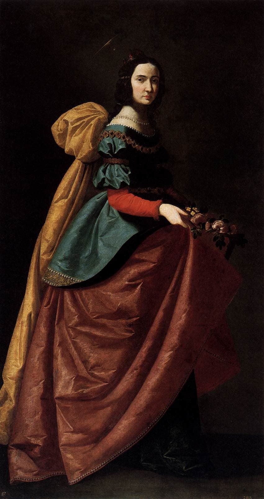 A full-length painting of Saint Elizabeth of Portugal in a gold cloak, teal bodice and deep red skirt, carrying a spray of roses gathered in the folds of her gown