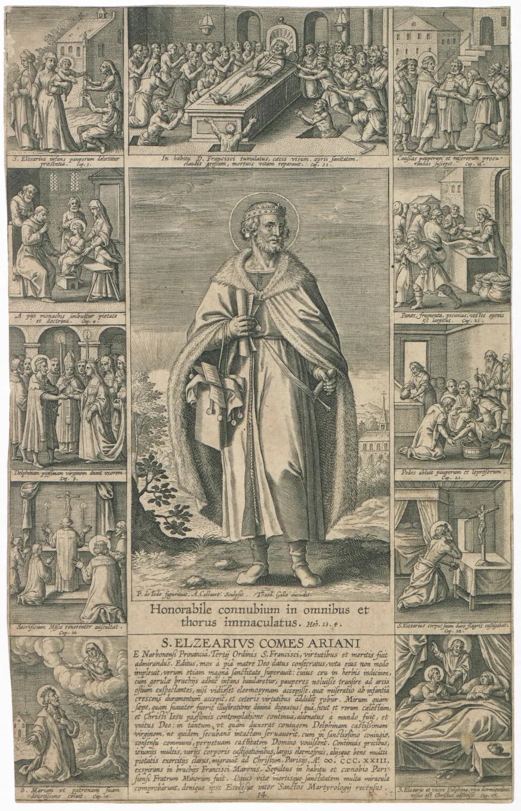 Engraved devotional sheet with a tall central figure of Saint Elzear in a long cloak standing in a landscape, surrounded by eleven small scenes from his life, with a Latin inscription and text panel below naming him Count of Ariano