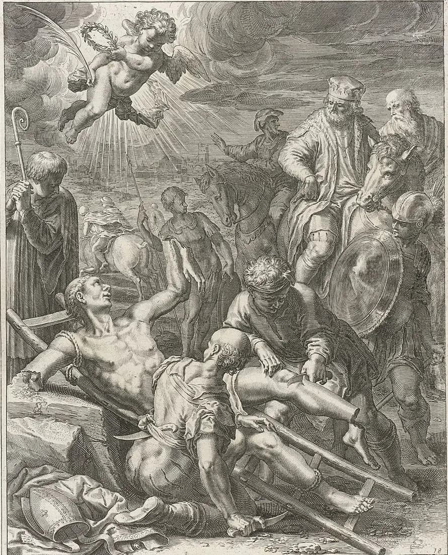 Seventeenth-century engraving of a bishop stripped and bound to a ladder on the ground while two men cut at his limbs, his miter and vestments thrown down beside him, a crowned duke watching on horseback, and an angel descending with a palm and a wreath
