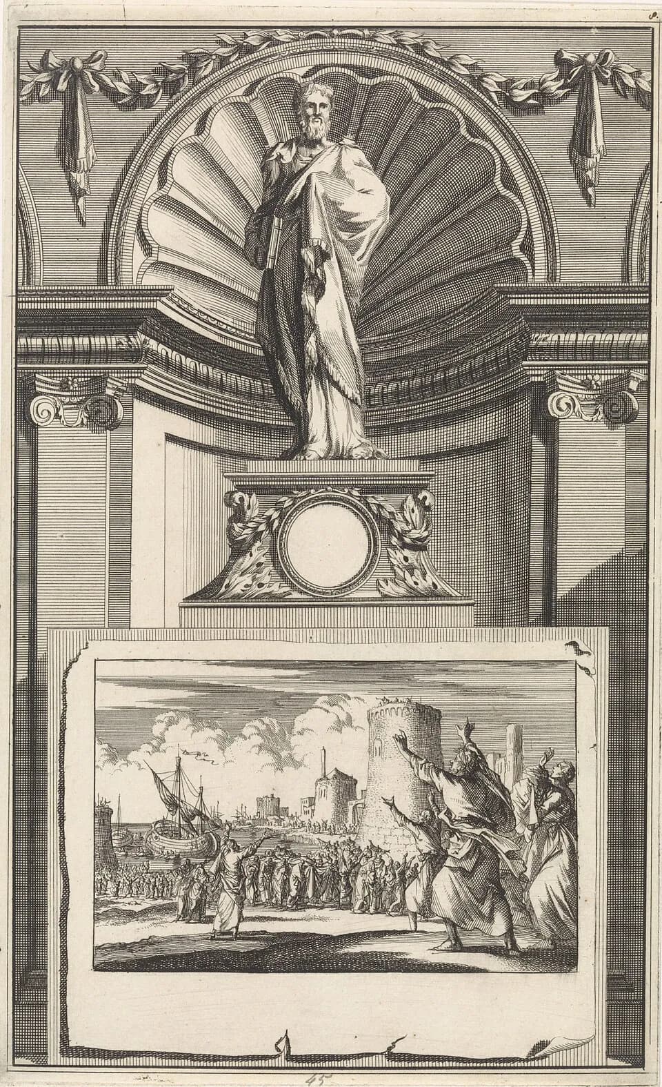 Engraving of a bearded man in long robes holding a closed book, drawn as a statue standing on a pedestal in a shell-shaped niche hung with garlands; below it a small scene shows a crowd on a shore with a ship in harbor and people raising their arms beside a round tower
