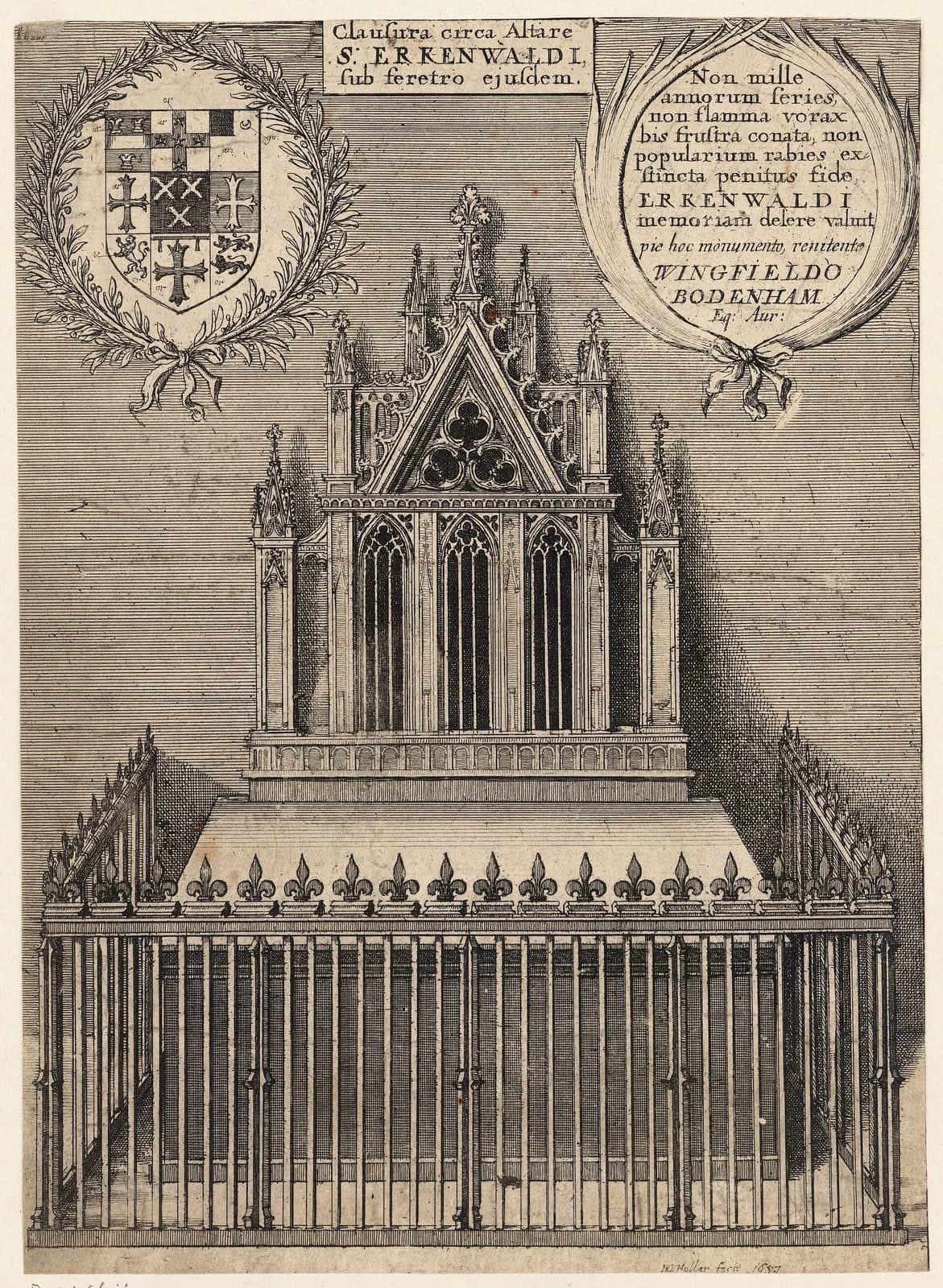 Seventeenth-century etching of a tall Gothic shrine with pinnacles and a trefoil gable, standing on a stone base inside an iron railing topped with fleurs-de-lis; a coat of arms in a laurel wreath at upper left, a Latin inscription in a wreath at upper right, and a label reading Clausura circa Altare S. Erkenwaldi