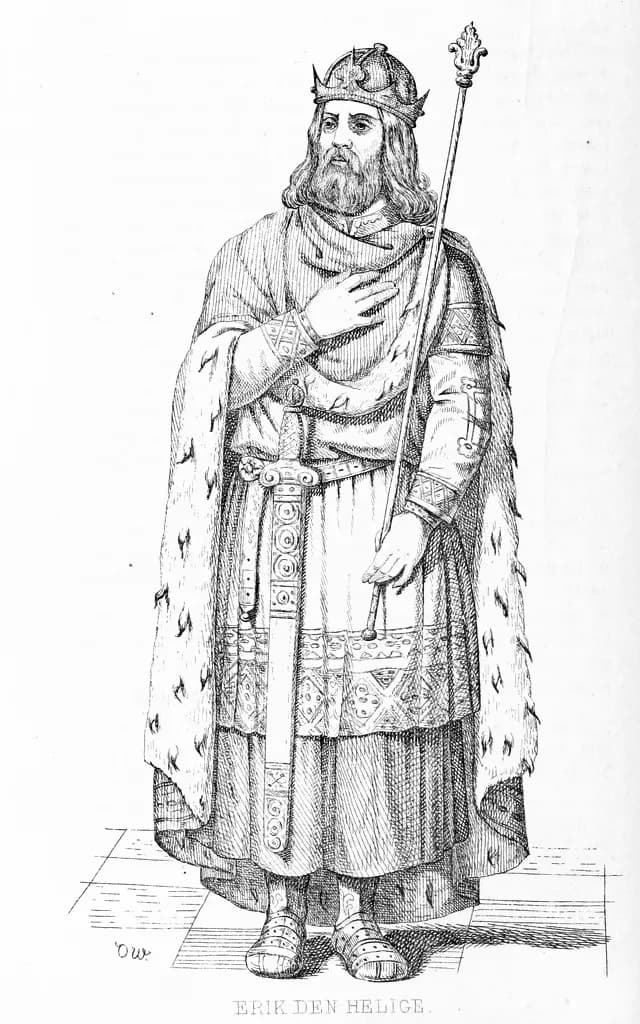 Line engraving of a bearded king standing full length in a crown and an ermine-lined cloak, one hand on his chest and a tall scepter in the other, a sword at his belt, captioned Erik den Helige