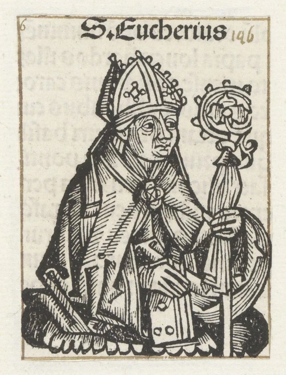 Pequeña xilografía de finales del siglo XV, enmarcada por un filete, con un obispo de medio cuerpo con mitra enjoyada y capa pluvial, que sostiene un báculo y un libro cerrado, y sobre su cabeza las palabras S. Eucherius en letra gótica
