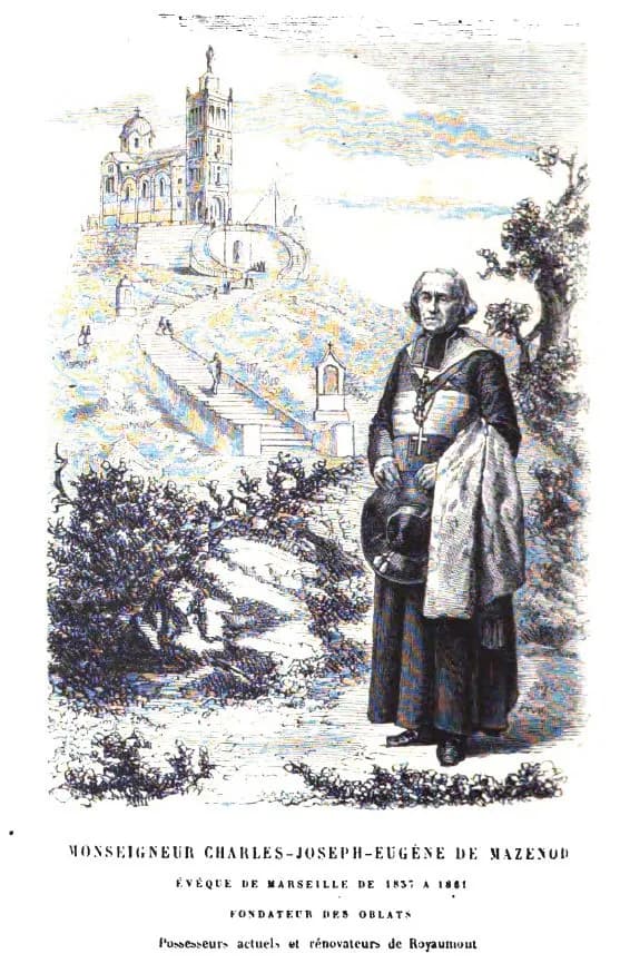 Engraving of Bishop Eugene de Mazenod, an elderly man with white hair in a cassock and pectoral cross, holding a hat and a cloak, standing on a rocky hillside below the basilica of Notre-Dame de la Garde