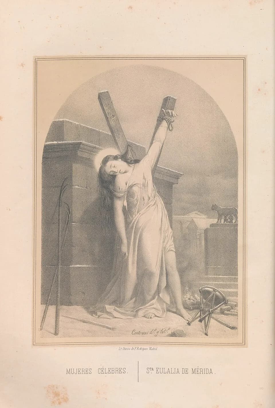 Nineteenth-century lithograph of a young woman with a halo slumped against a snow-capped wall, one wrist bound to a rough X-shaped cross, torches and a brazier at her feet and a Roman temple behind; the printed caption reads Sta. Eulalia de Mérida