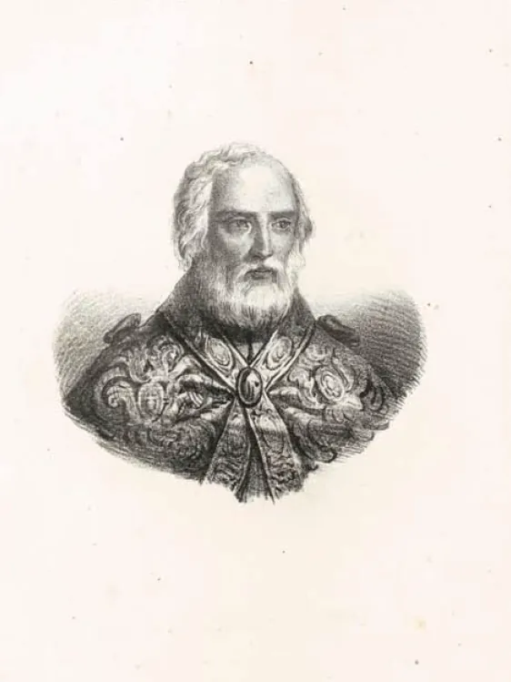 Retrato grabado de Eusebio de Vercelli como un obispo barbado con mitra y capa pluvial, de un diccionario biográfico sardo de 1837