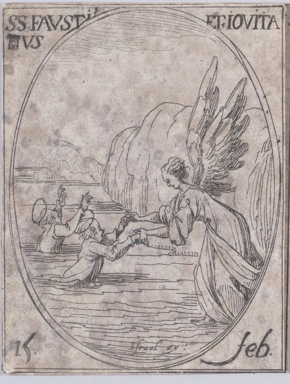 Small seventeenth-century etching in an oval frame of a winged angel standing at the edge of the sea and reaching down to two haloed men waist-deep in the water, drawing one of them toward the rocky shore, inscribed SS. Faustinus et Iovita and 15 Feb