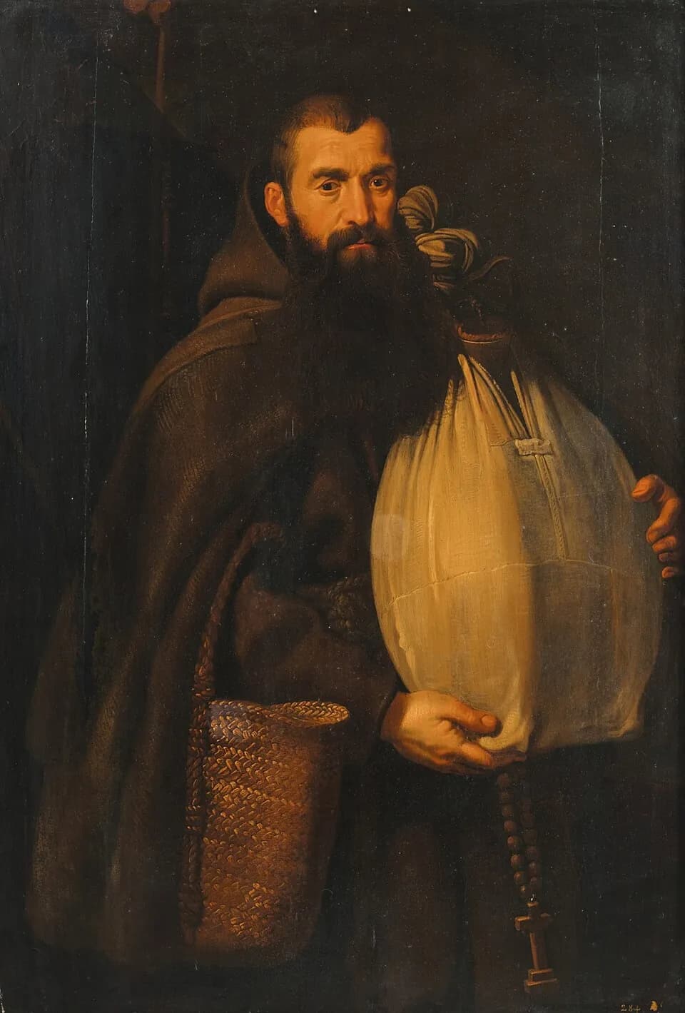Painting of a bearded Capuchin friar in a brown habit and hood, a full white alms-sack on his shoulder, a woven basket on his arm and a rosary hanging from his hand