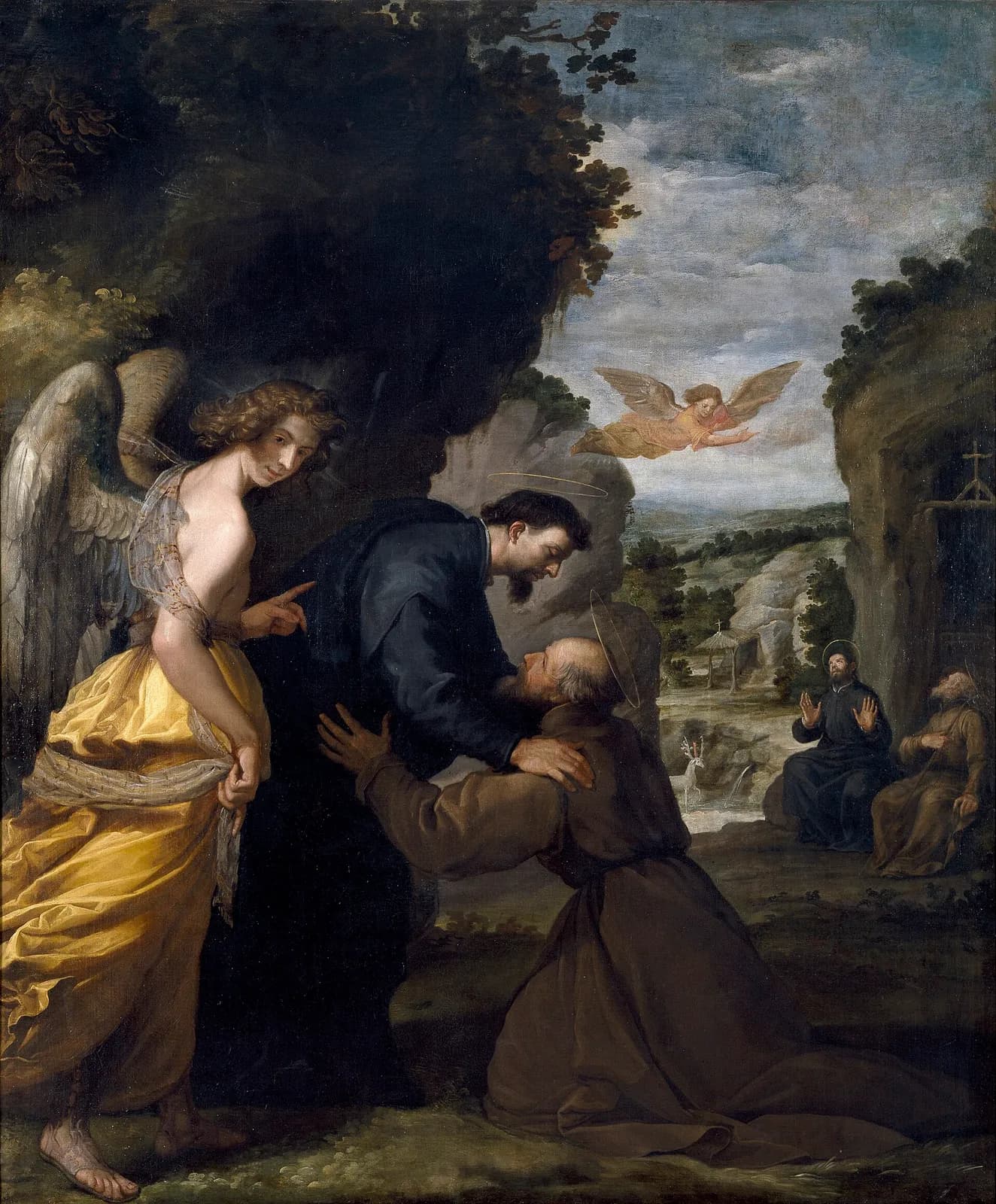 Pintura barroca de un hombre barbado con sotana oscura que se inclina para abrazar a un anciano ermitaño arrodillado con hábito pardo, ambos con aureola, mientras un ángel joven de túnica amarilla los señala; detrás, un ciervo blanco con una cruz entre las astas bebe en un arroyo, dos figuras están sentadas junto a una ermita y otro ángel vuela por encima
