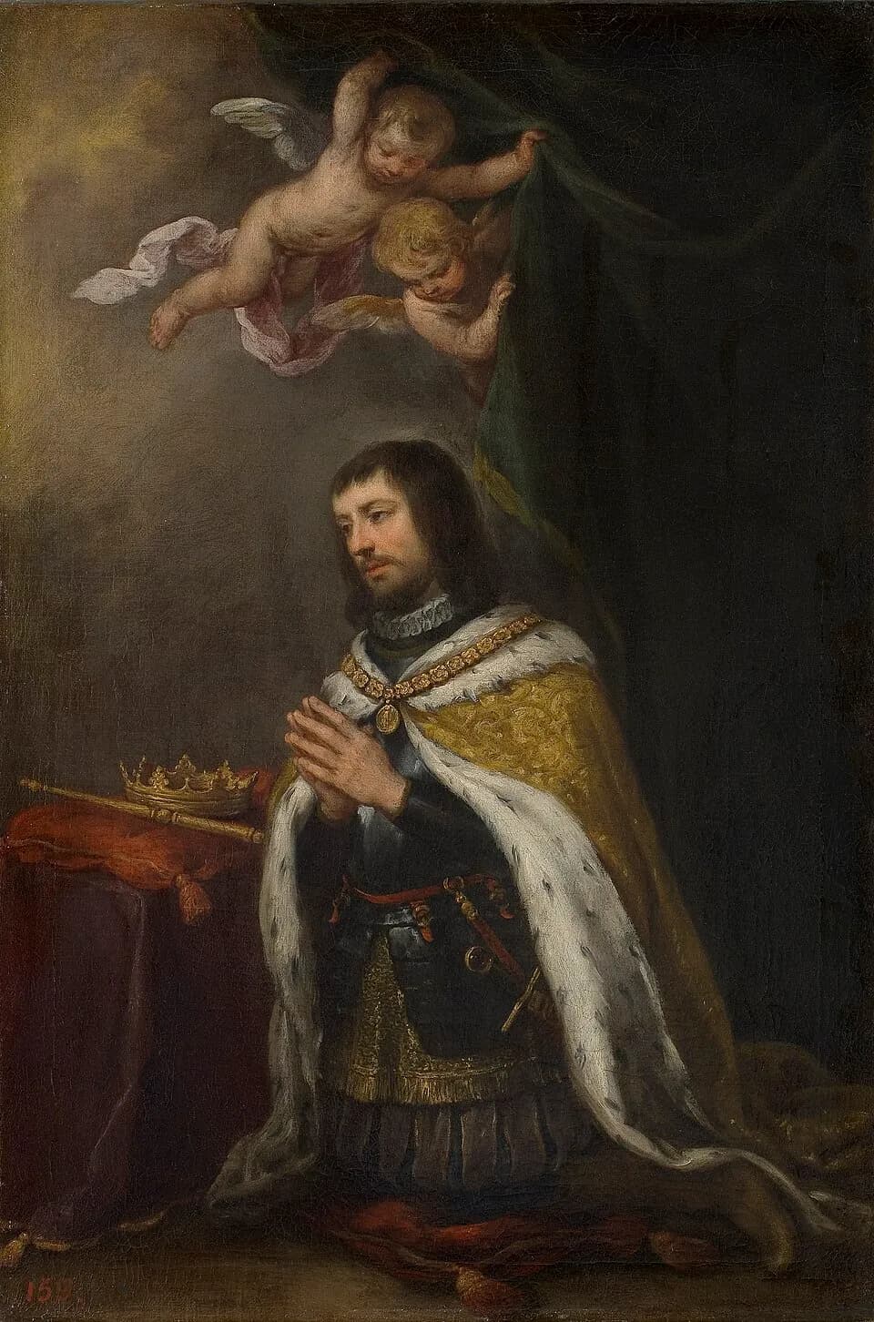 Painting of a bearded king kneeling in prayer in armor, an ermine-lined gold mantle and a ruff, his crown and scepter set aside on a red cushion, while two small angels draw back a dark green curtain above him