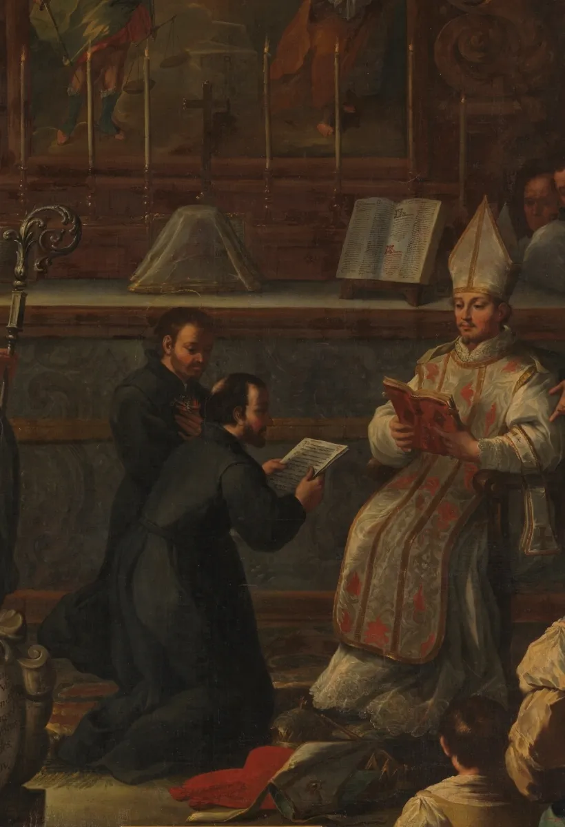 Detail of a painting of two priests in black cassocks kneeling at an altar, one reading his vows from a sheet of paper, before a seated prelate in a white miter and embroidered vestments who reads from a red book