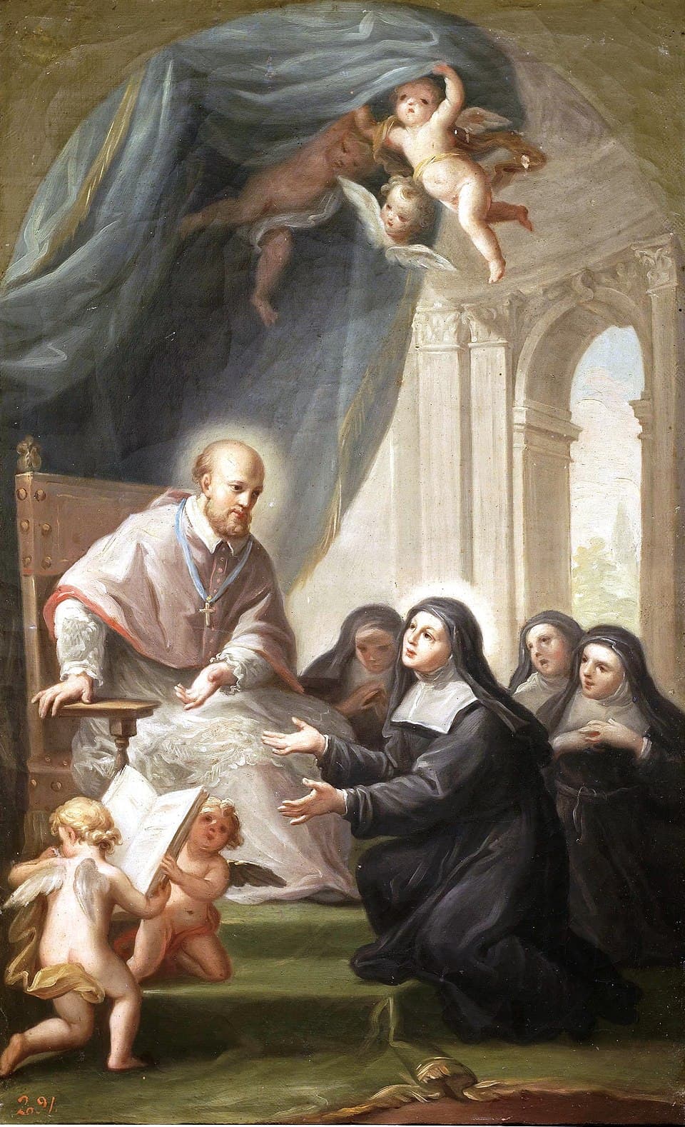 A painting of Saint Francis de Sales seated in a bishop's rochet and mozzetta, leaning toward Jane Frances de Chantal and a group of kneeling Visitation nuns, with angels above