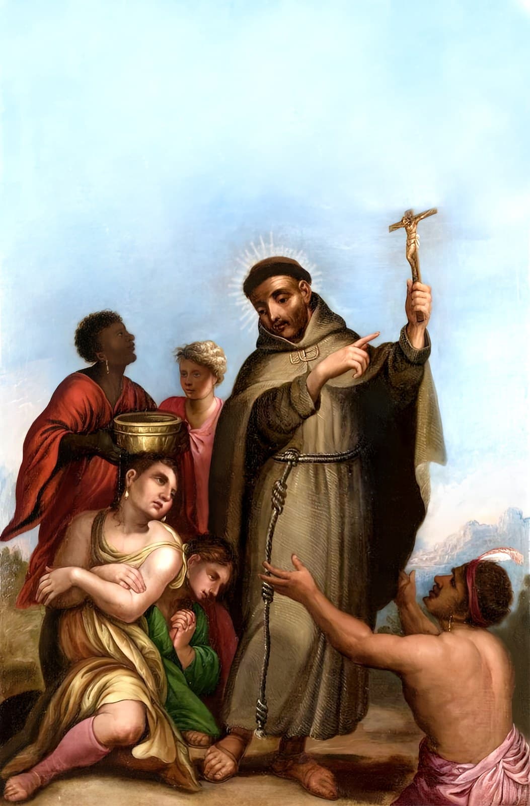 A painting of Francis Solano as a Franciscan friar raising a crucifix, surrounded by kneeling and standing figures, one holding a font of water