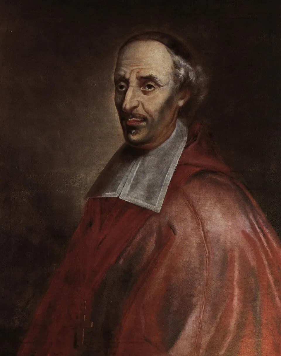 Oil portrait of an aging bishop turned toward the viewer, with a high forehead, gray hair under a dark skullcap, a thin mustache, a wide white collar and a red cape, against a dark brown background