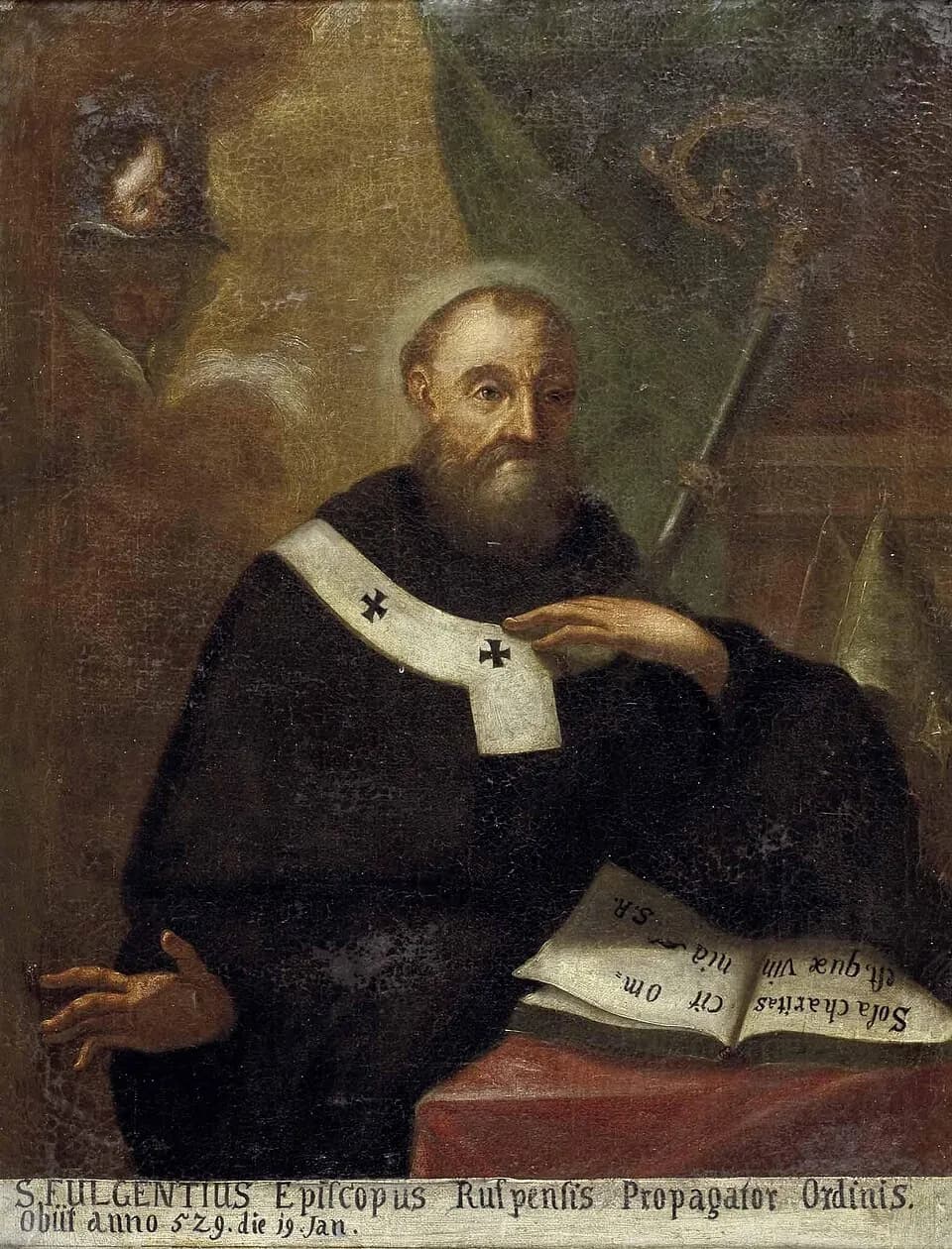 Seventeenth-century oil painting of a bald, gray-bearded bishop with a halo, in a black monastic habit with a white pallium marked with black crosses, seated beside an open book, with a crozier and miter behind him and a Latin caption naming Saint Fulgentius along the bottom