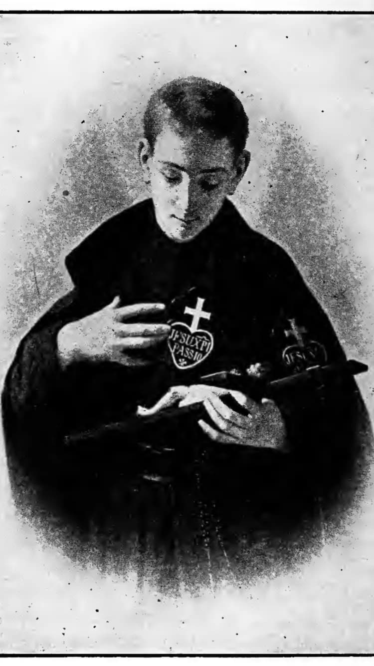 Black-and-white reproduction of a painting of a young Passionist in a black habit with the badge of the Passion on his chest, eyes lowered, cradling a crucifix in his hands