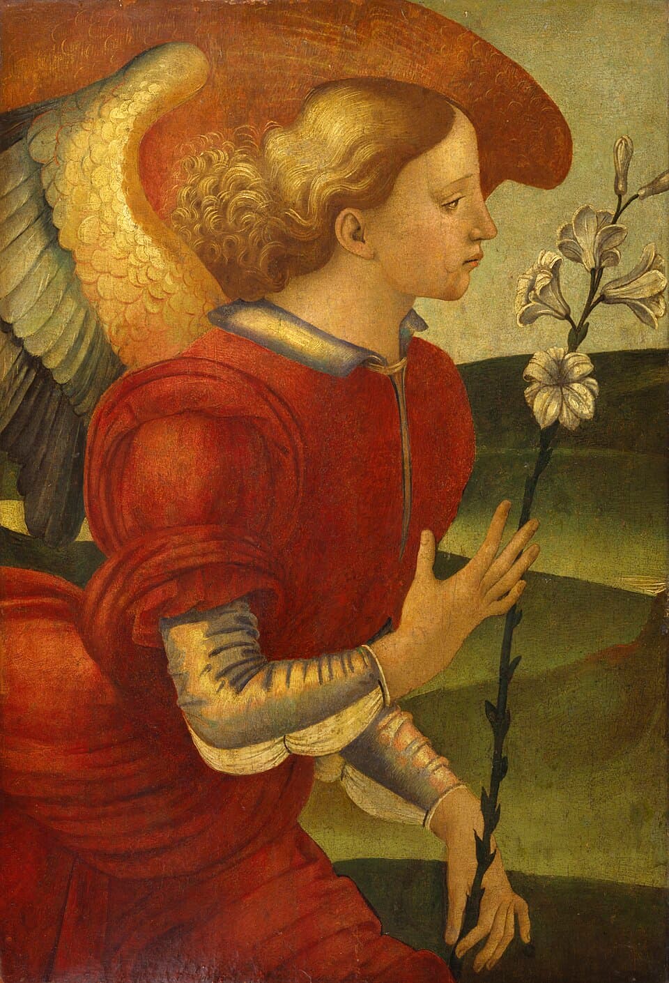 The Archangel Gabriel in profile, with golden curls, red robe and green-and-gold wings, holding a stem of white lilies against a green landscape, painted by Luca Signorelli