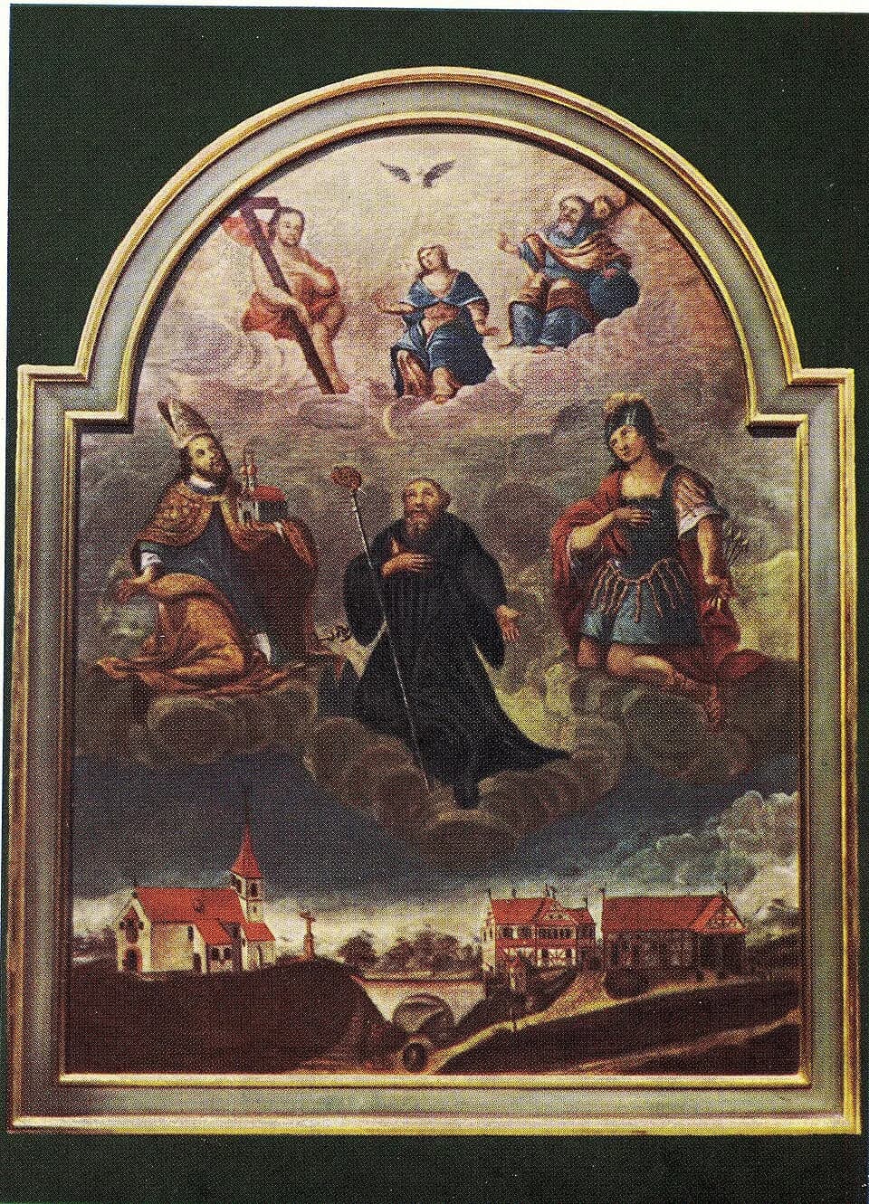 An arched altarpiece with Saint Gall at the center in a black monk's habit, holding a tall staff and kneeling on a cloud, with a bishop holding a model church on his left and a young man in Roman armor on his right, the Trinity and the Virgin above, and a village with its church below