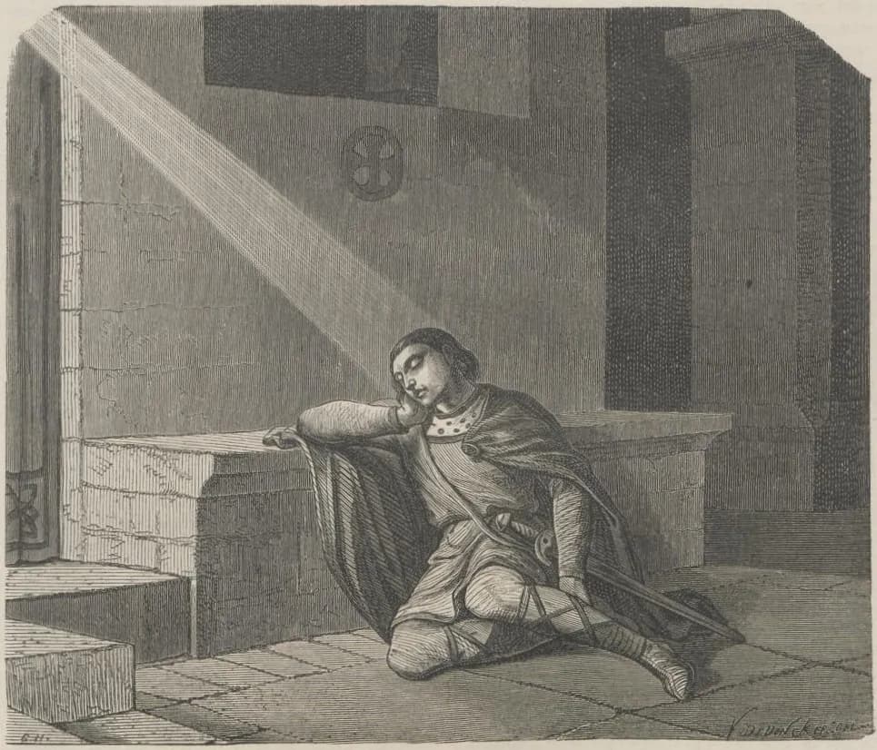 Grabado en madera del siglo XIX de un joven con túnica y capa, espada al costado, dormido en el suelo de una capilla de piedra desnuda, con el codo sobre un saliente de piedra y la cabeza apoyada en la mano, iluminado por un haz de luz que cae de una ventana alta
