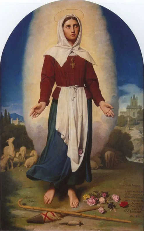 A barefoot young woman in a white headscarf, red bodice and white apron stands with open hands inside a pale glow, with sheep behind her, a church on a hill, and roses, a shepherd's crook and a distaff at her feet