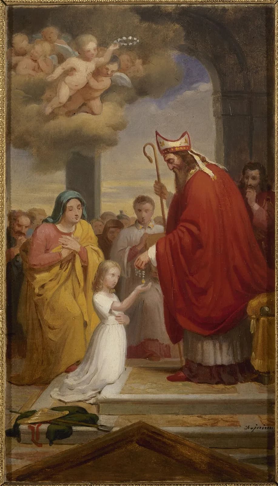 Oil sketch of a bearded bishop in a red cope and white miter, holding a crosier, bending to place a medal in the open hand of a small girl in white who kneels on the steps before him beside her mother in a yellow cloak, with a crowd behind and cherubs holding a wreath in the clouds above
