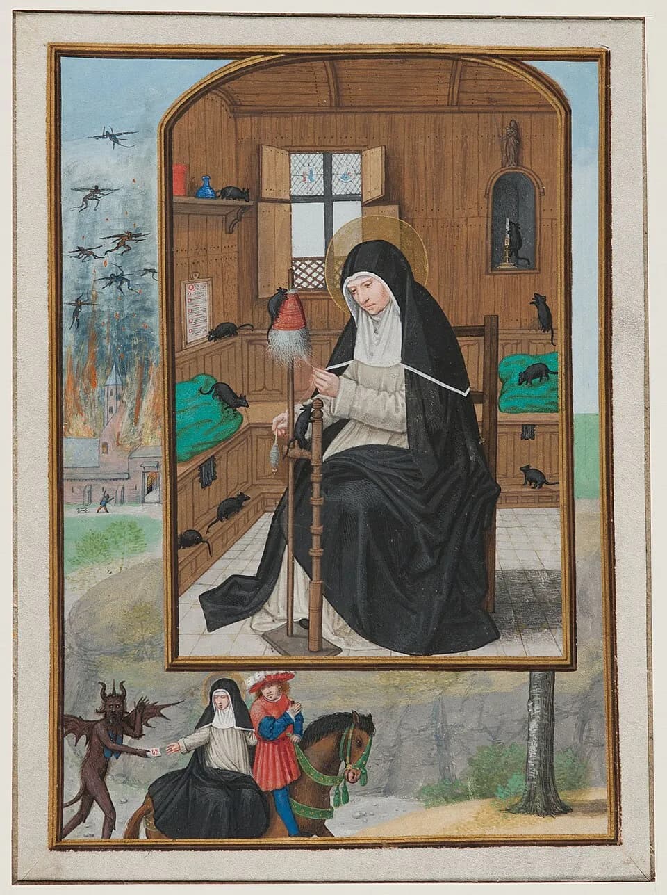 Manuscript miniature of a nun with a halo, in a black habit and white wimple, sitting in a wood-paneled room and spinning thread from a distaff while black mice run over the bench, the shelf and the distaff; below, she rides behind a young man on a horse and takes a paper from a devil