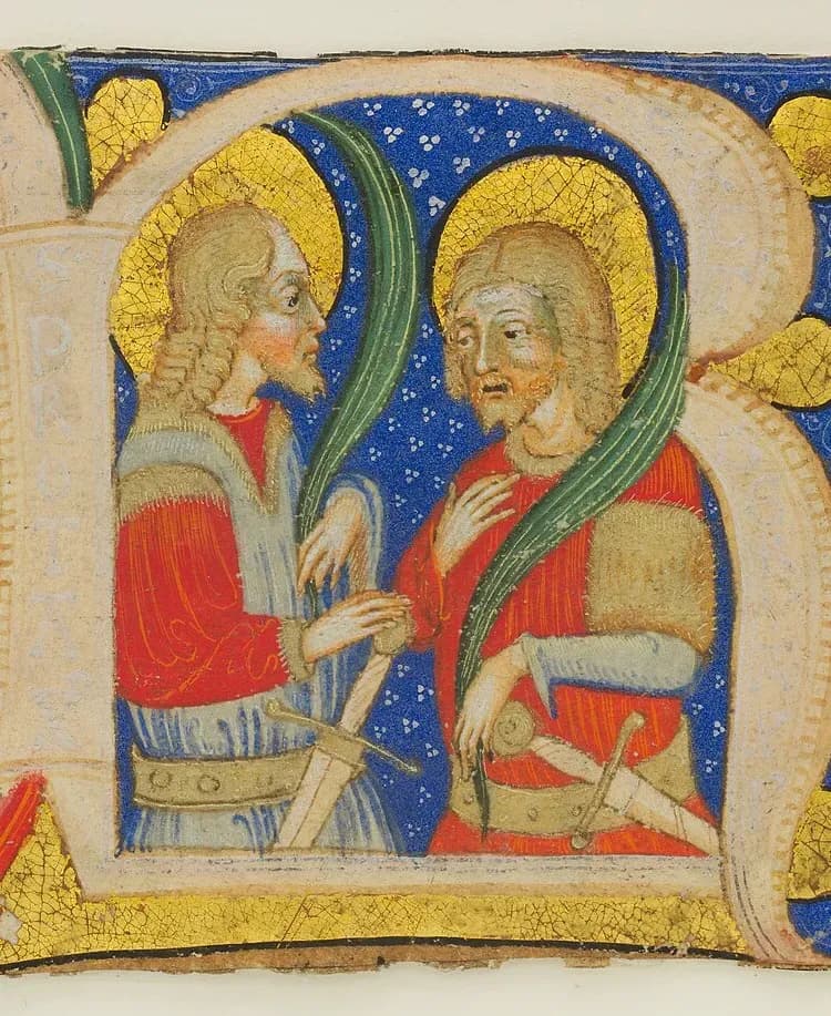 Illuminated initial R from a fifteenth-century manuscript: inside the letter two haloed men in red tunics face each other against a blue ground dotted with white, each holding a long green palm, with swords at their belts and burnished gold around the letter