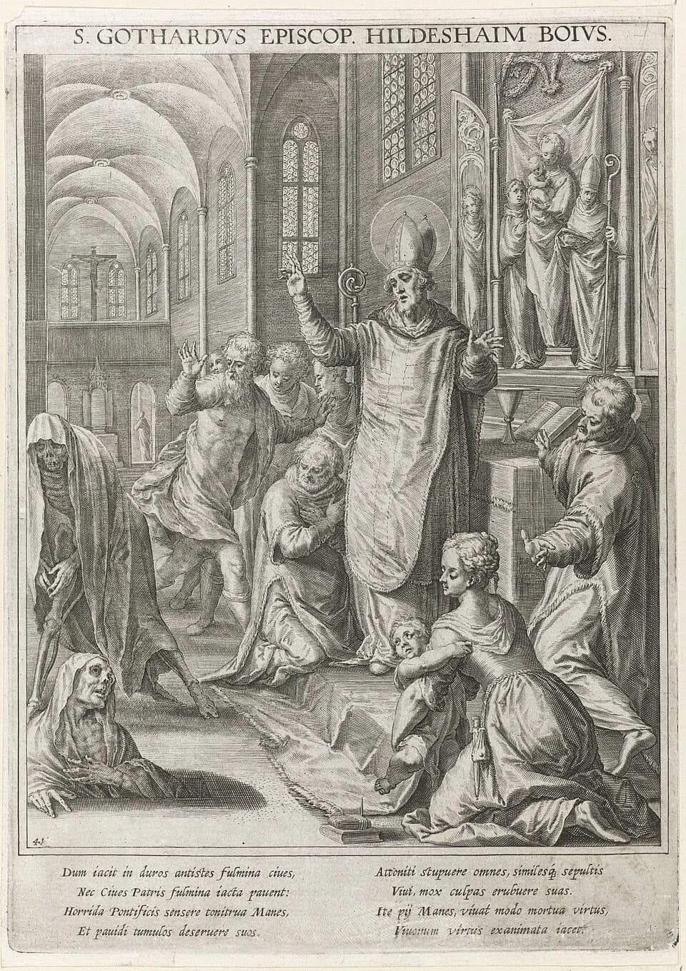 Engraving of a bishop in a miter standing in a church with his arms raised before an altar of the Virgin and Child, while shrouded dead rise from a grave in the floor and onlookers kneel or draw back; a Latin title above names Saint Gothard