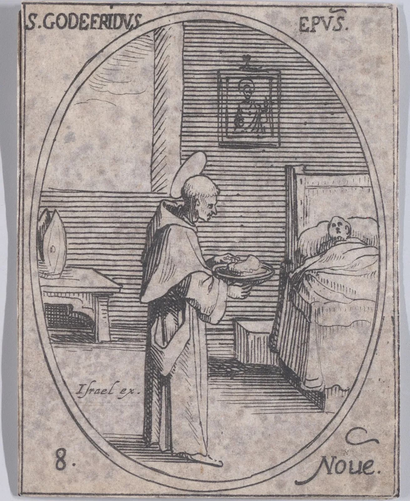 Pequeño aguafuerte del siglo XVII en un marco oval: un monje con aureola y hábito con capucha lleva un plato de comida a un enfermo acostado en la cama, con una mitra de obispo sobre una mesa detrás de él y un cuadro en la pared, con la inscripción S. Godefridus Epus y 8 Nove.
