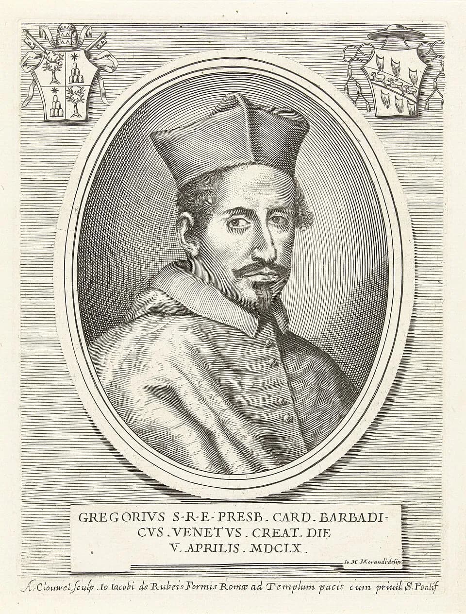 Engraved oval portrait of Cardinal Gregorio Barbarigo as a young man with a mustache and small beard, in biretta and cape, between two coats of arms, above a Latin caption recording his creation as cardinal in 1660