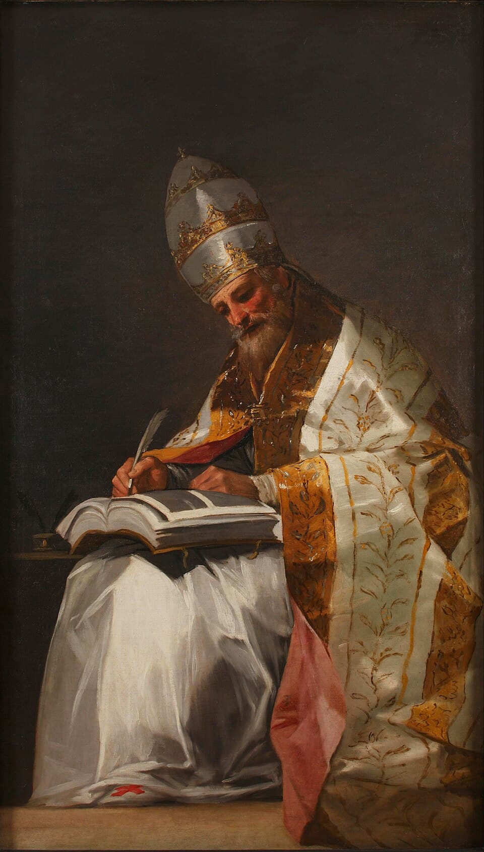 Pope Saint Gregory the Great seated in a papal tiara and embroidered cope, writing in an open book with a quill, painted by Francisco Goya