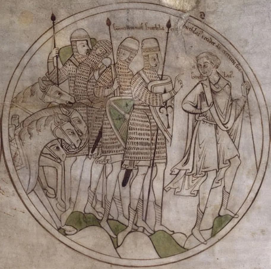 Medieval pen drawing in a circular frame, lightly tinted green: on the left, four soldiers in chain mail with spears and shields stand with their horses; on the right, a young man labeled Guthlac, in a simple tunic and cloak, turns away from them with one hand raised