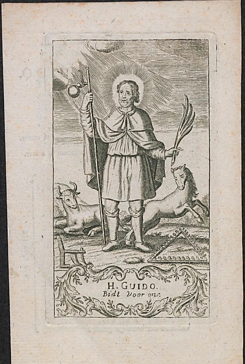 Eighteenth-century devotional engraving of a bearded pilgrim with a halo, in a short cape and tunic, holding a staff with a gourd and a palm branch, with an ox lying on one side, a horse rearing on the other, a plow and a harrow at his feet, and the caption H. Guido, Bidt voor ons