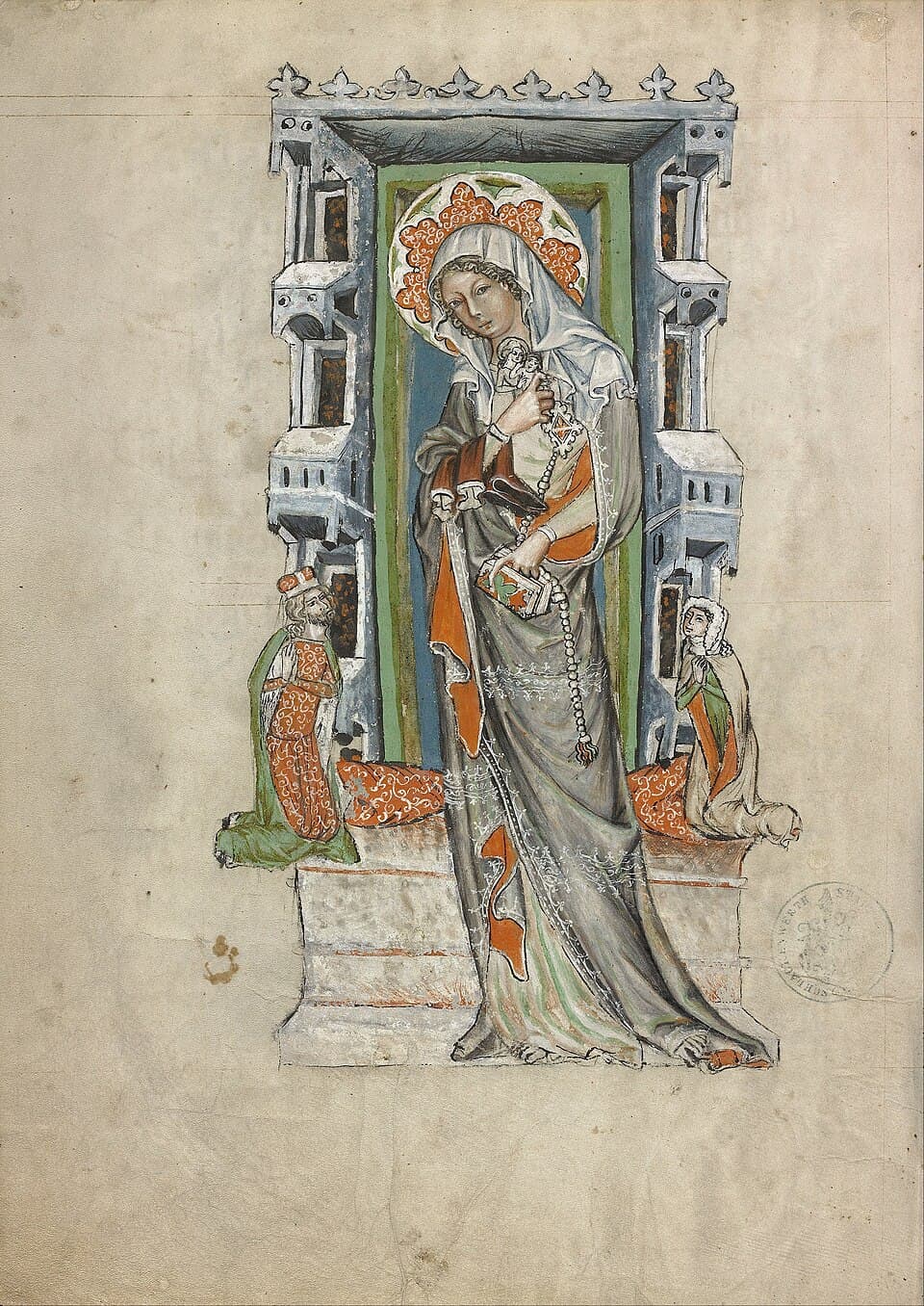 A haloed woman in a gray mantle and white veil stands in a painted Gothic niche, holding a small figure of the Virgin and Child, a book, a rosary and a pair of shoes, while a duke and a duchess kneel at her feet