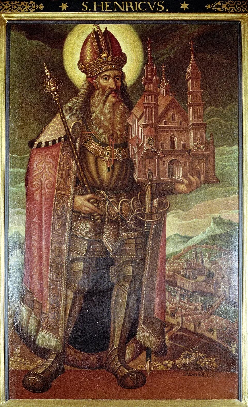 A bearded emperor with a halo, crowned and robed in red over armor, holds a scepter in one hand and a model of a twin-towered church in the other, with a walled city behind him and the inscription S. HENRICVS above