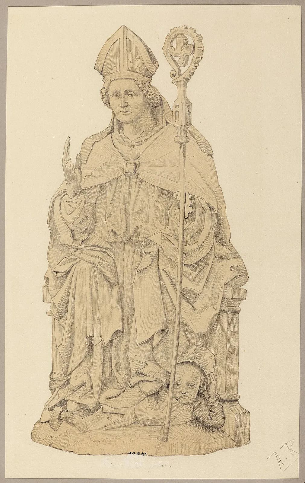Nineteenth-century ink and wash drawing of a medieval wooden statue: a bishop in a mitre sits enthroned, his right hand raised in blessing and a crozier in his left, with the small figure of a bearded man crouched beneath his feet