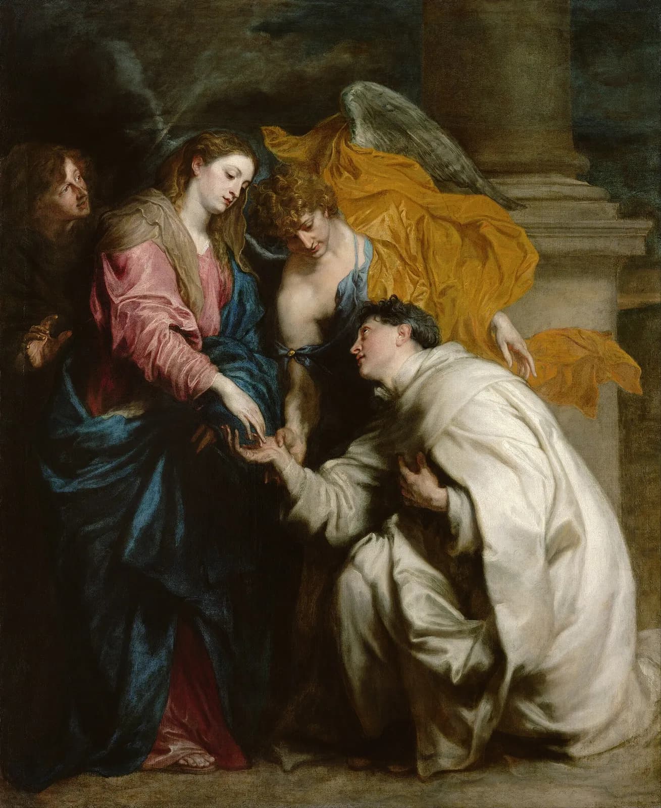 Baroque painting of the Virgin Mary in a rose-pink gown and deep blue mantle taking the hand of a kneeling young canon in a white habit, while a winged angel in blue and gold drapery joins their hands and another figure looks on from the shadows