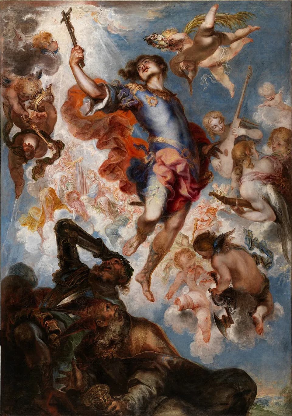 Baroque painting of a young prince in blue armor and a red cloak rising into a bright sky with a crucifix held high, surrounded by angels with a crown, a wreath of roses, instruments and an axe, while a king and a mitered bishop fall back in the shadows below