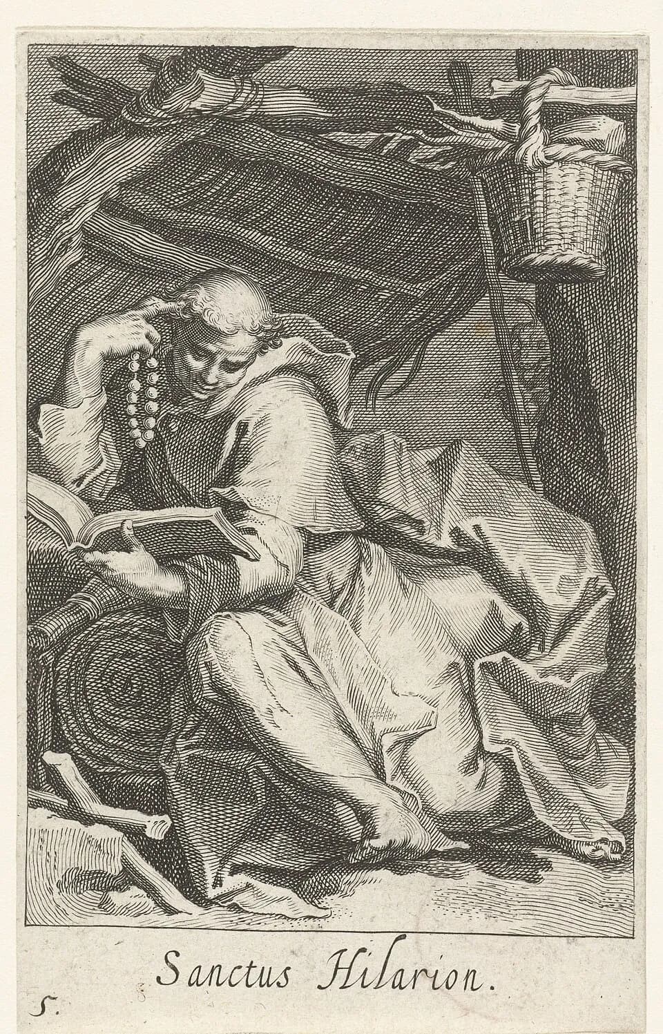 Early seventeenth-century engraving of a young tonsured monk in a hooded habit sitting on the ground under a rough shelter of branches, reading a book held in one hand and holding a string of prayer beads to his temple with the other, a woven basket hanging above him and the caption Sanctus Hilarion below