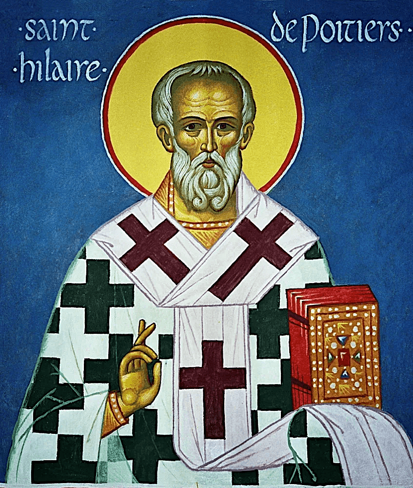 An icon labeled Saint Hilaire de Poitiers, showing the bishop white-bearded against a deep blue ground in cross-patterned vestments, one hand raised in blessing and a jeweled gospel book in the other