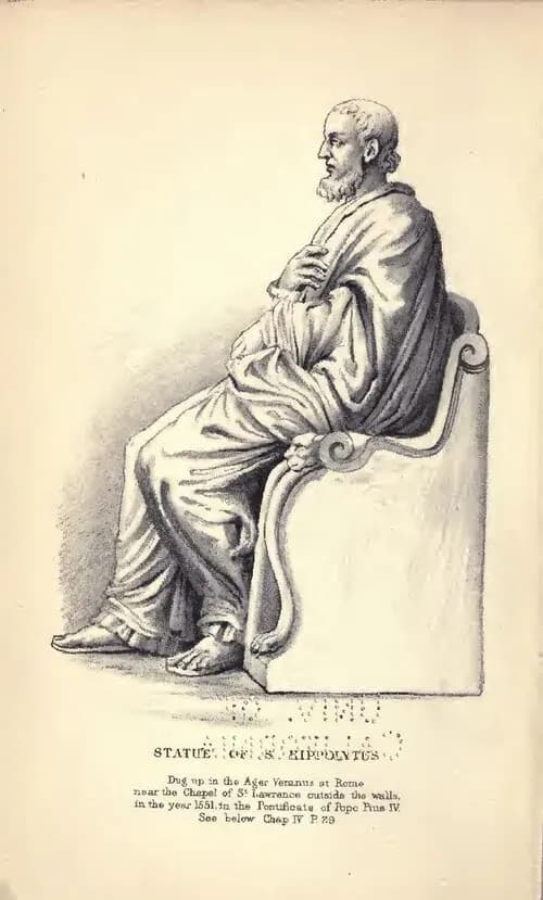 Engraving of an ancient marble statue seen from the side: a bearded man in a long draped cloak sits on a high-backed chair with lion-headed arms, his right hand raised to his chest, with the printed caption Statue of S. Hippolytus below