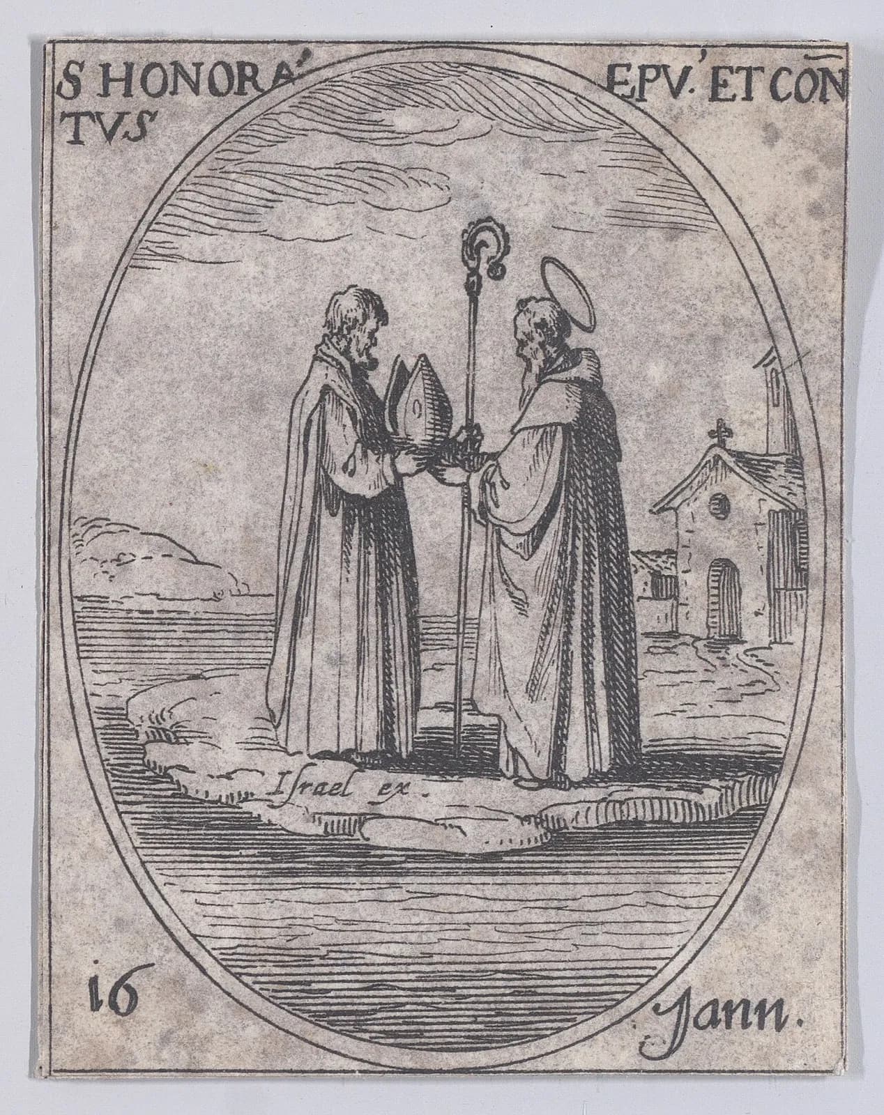 Small seventeenth-century etching in an oval frame of two robed men facing each other on a shore by the sea, one holding out a miter and the other, haloed, holding a crozier, with a small chapel behind them, lettered S. Honoratus Epu. et Con. at the top and 16 Jann. at the bottom