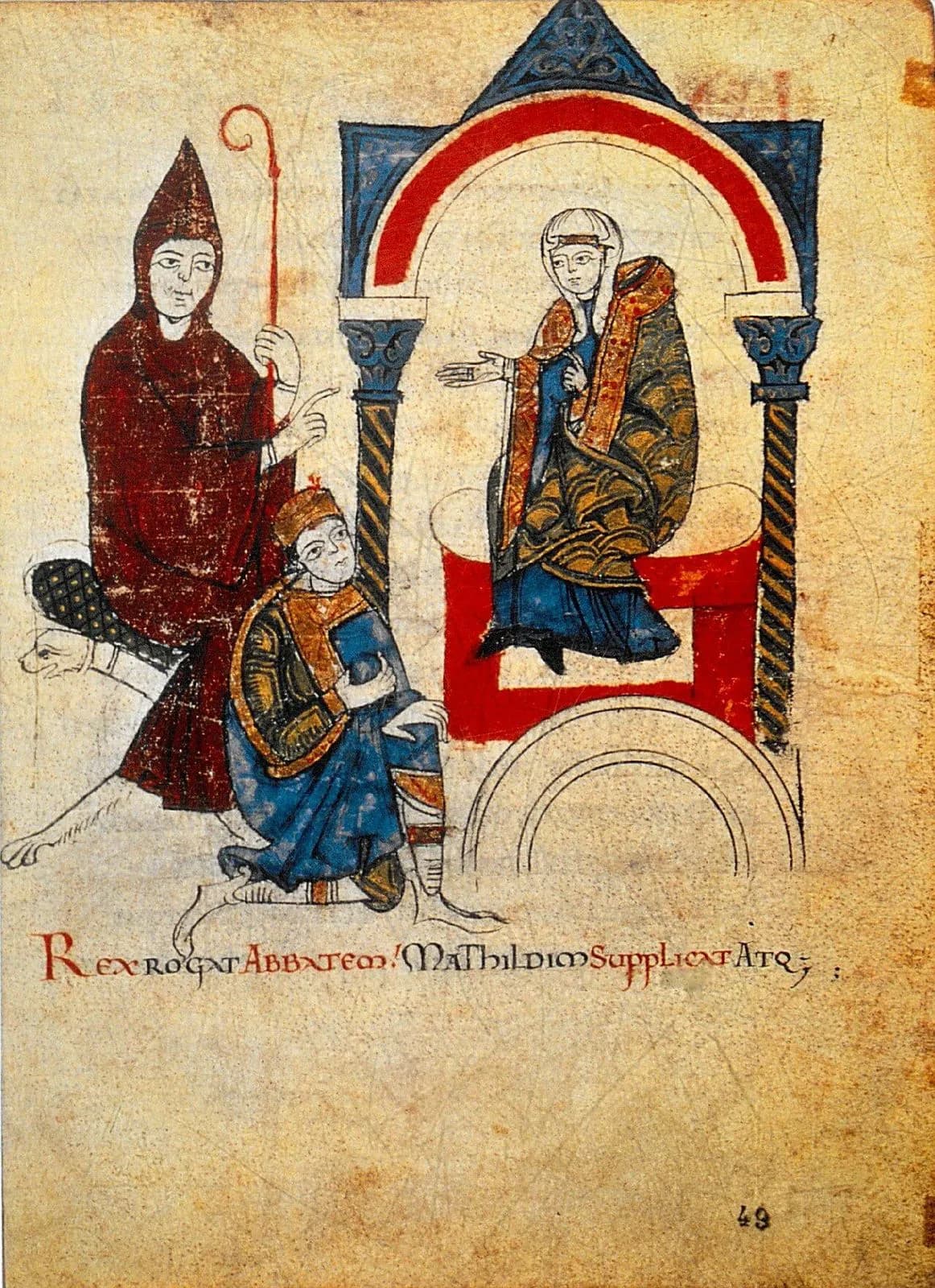 Twelfth-century manuscript illumination of an abbot in a hooded red habit holding a crozier and raising a finger, a crowned king in blue kneeling at his side, and a noblewoman seated under a red arch on striped columns facing them, with a Latin caption in red and black beneath