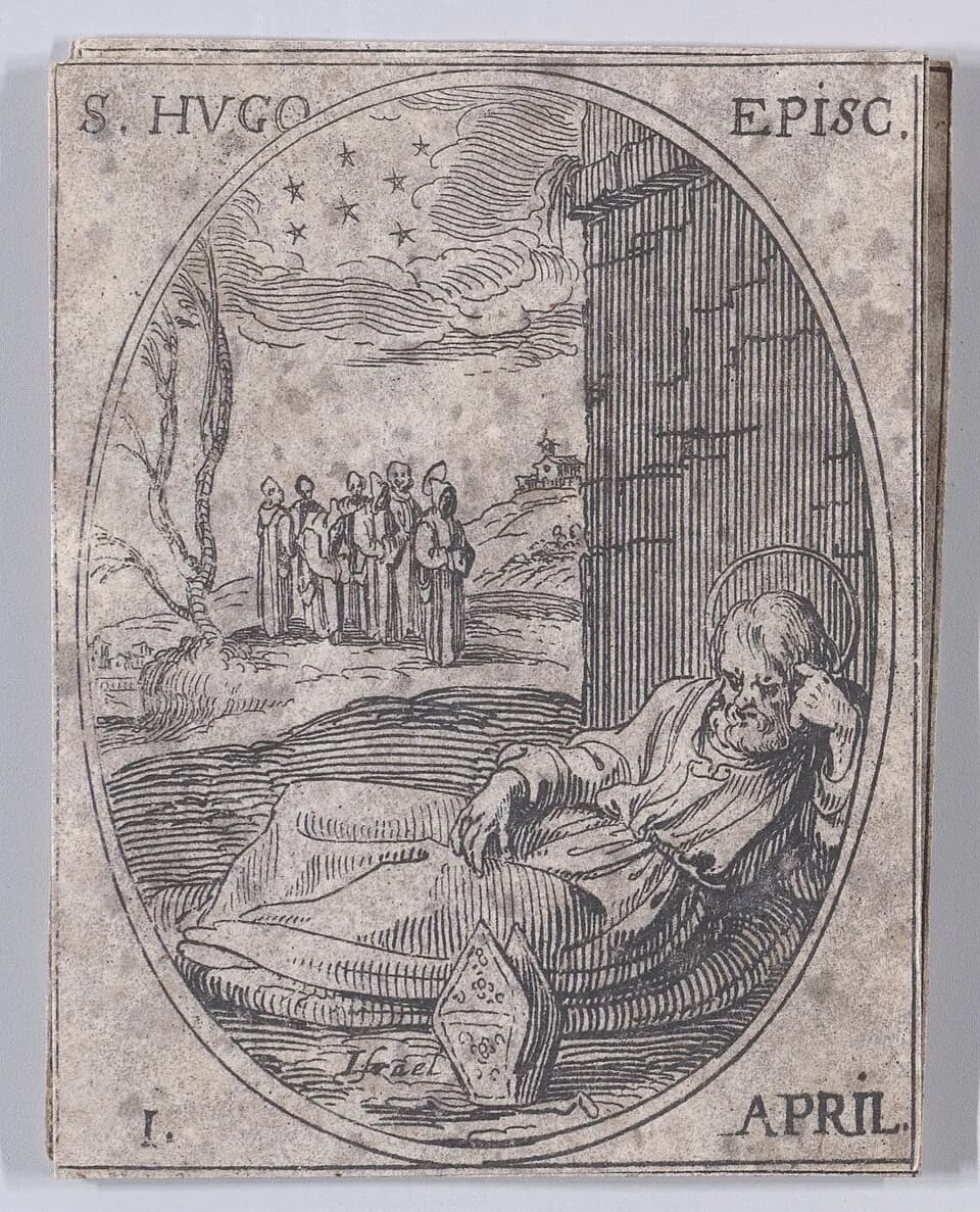 An oval etching of Saint Hugh, haloed and bearded, asleep against a column with his miter on the ground, dreaming of seven stars in the sky above seven robed figures walking in the distance; lettered S. HUGO EPISC. and I. APRIL