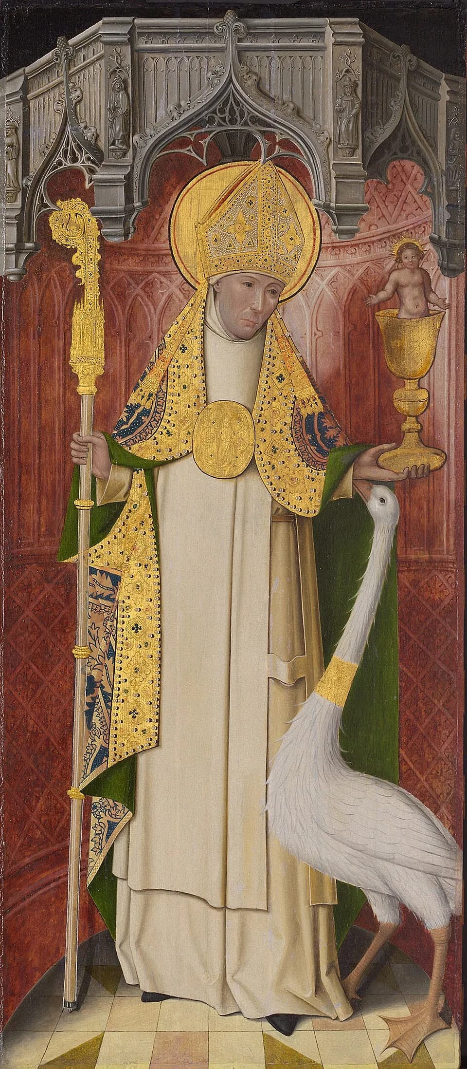 A bishop with a gold halo, miter and crozier, wearing a white monastic habit under a gold cope, holds a chalice from which the Christ Child rises, while a tall white swan stretches its neck up to his hand