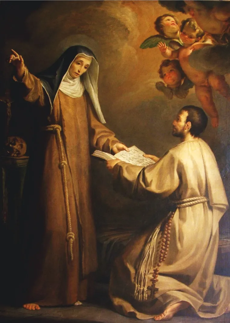 Painting of a nun in a brown Franciscan habit and knotted cord pointing upward with one hand and holding out an open book to a barefoot man who kneels in a white hooded robe with a rosary at his belt, with cherubs above and a skull on a table behind her