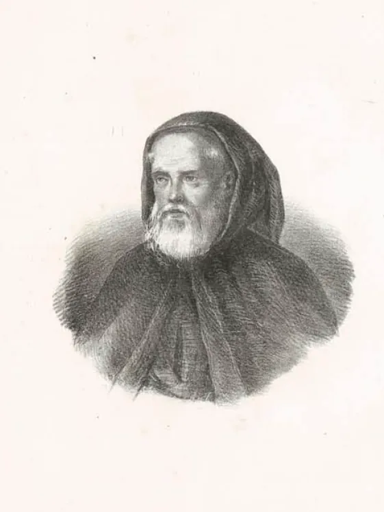 Lithograph portrait of an old Capuchin friar with a full white beard, his hood drawn up over his head and a heavy cloak around his shoulders