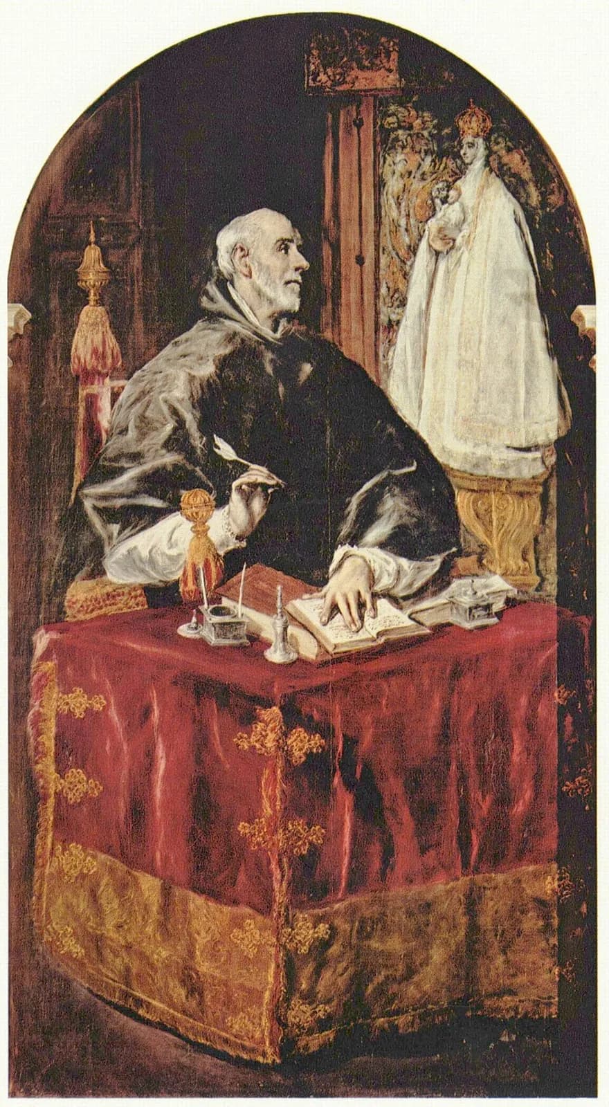 Painting of a gray-haired man in a dark cape seated at a desk draped in red velvet, pen lifted from an open book, turning to look up at a small statue of the Virgin and Child in a white mantle