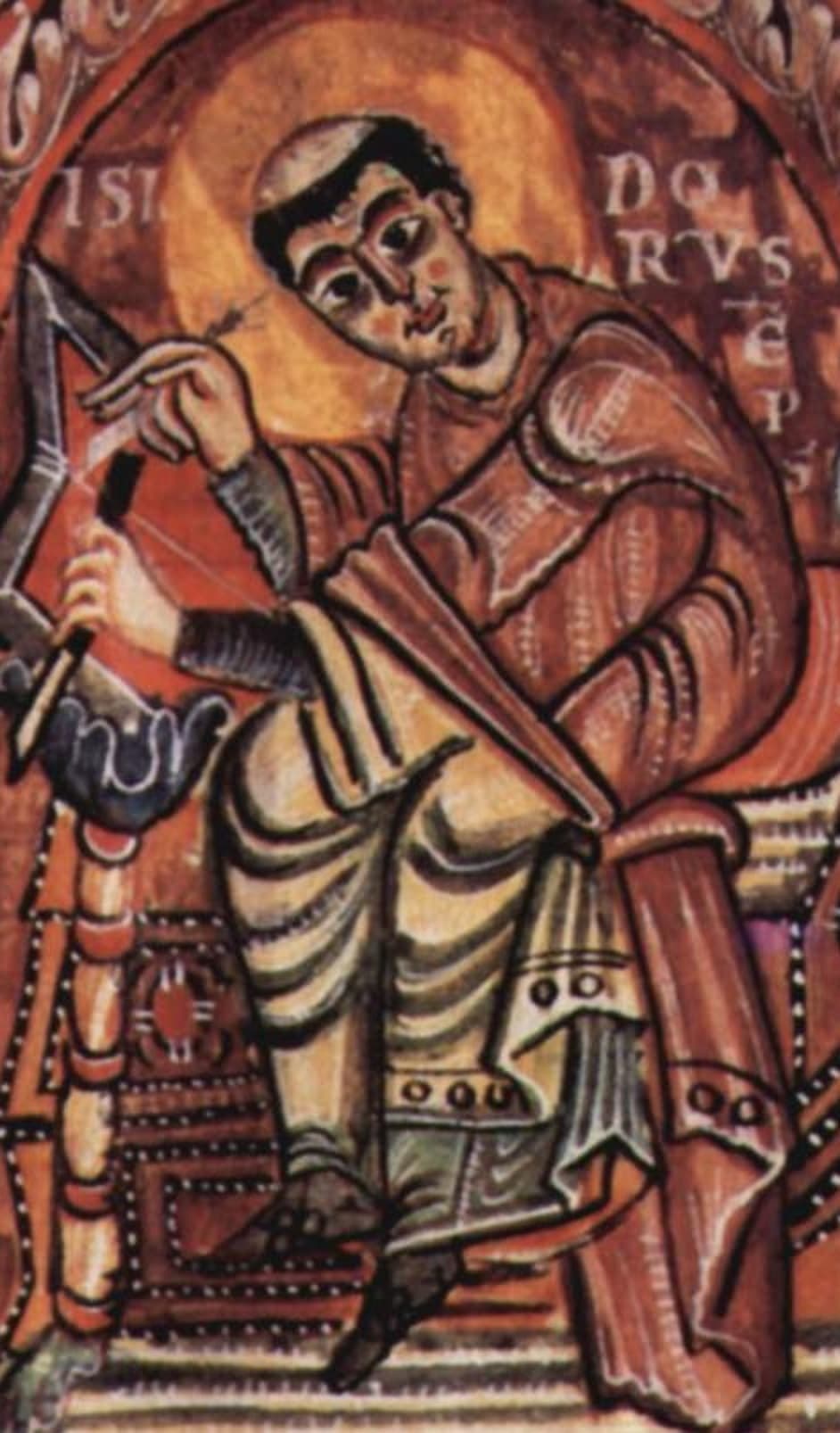 A tenth-century manuscript illumination of Saint Isidore of Seville seated with a crozier in a red mantle, his name lettered around the halo as ISIDORVS EPS