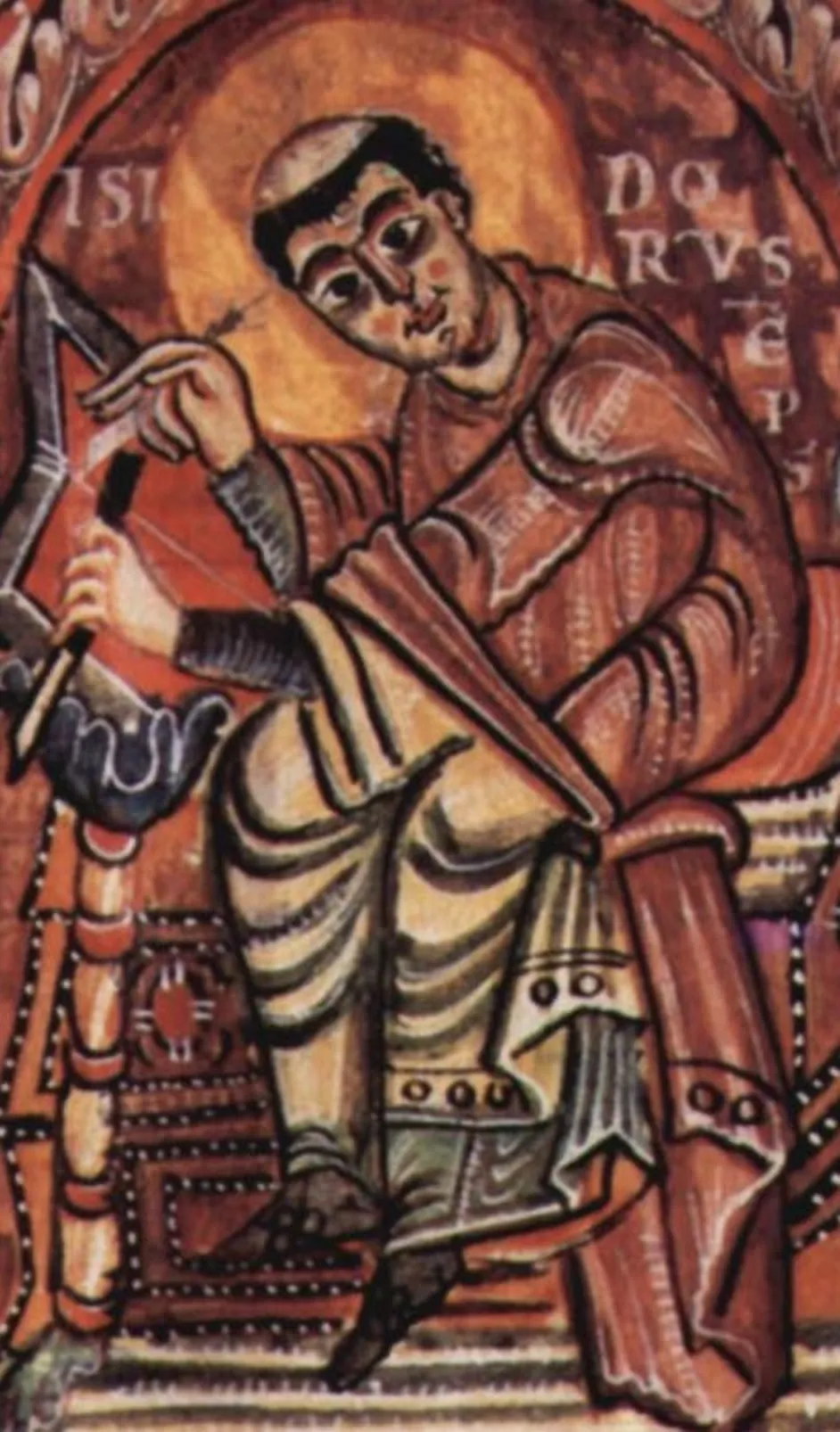 Una miniatura de un manuscrito del siglo X que muestra a San Isidoro de Sevilla sentado, con báculo y manto rojo, y su nombre escrito alrededor del nimbo como ISIDORVS EPS